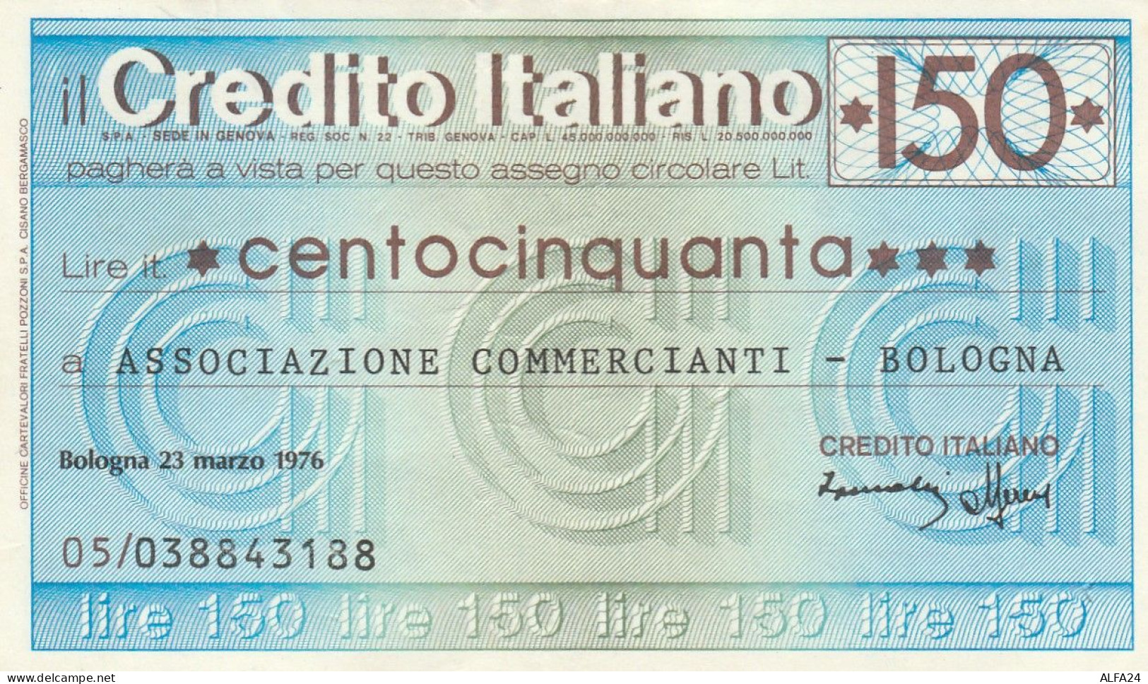 MINIASSEGNO CREDITO ITALIANO L.150 ASS COMM BO CIRCOLATO (RY5670 - [10] Checks And Mini-checks