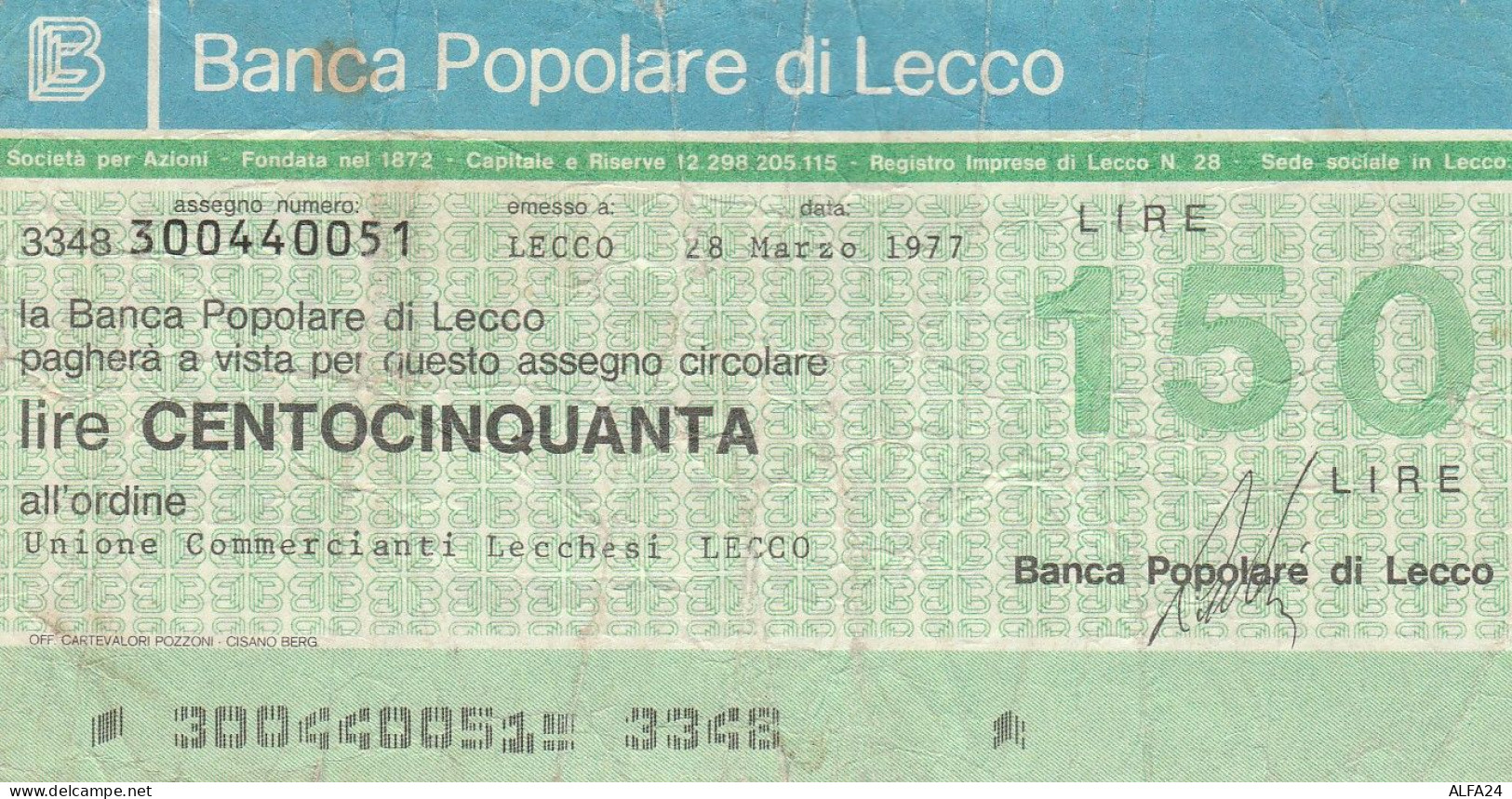 MINIASSEGNO B.POP LECCO L.150 UN COMM LECCO CIRCOLATO (RY5675 - [10] Cheques En Mini-cheques