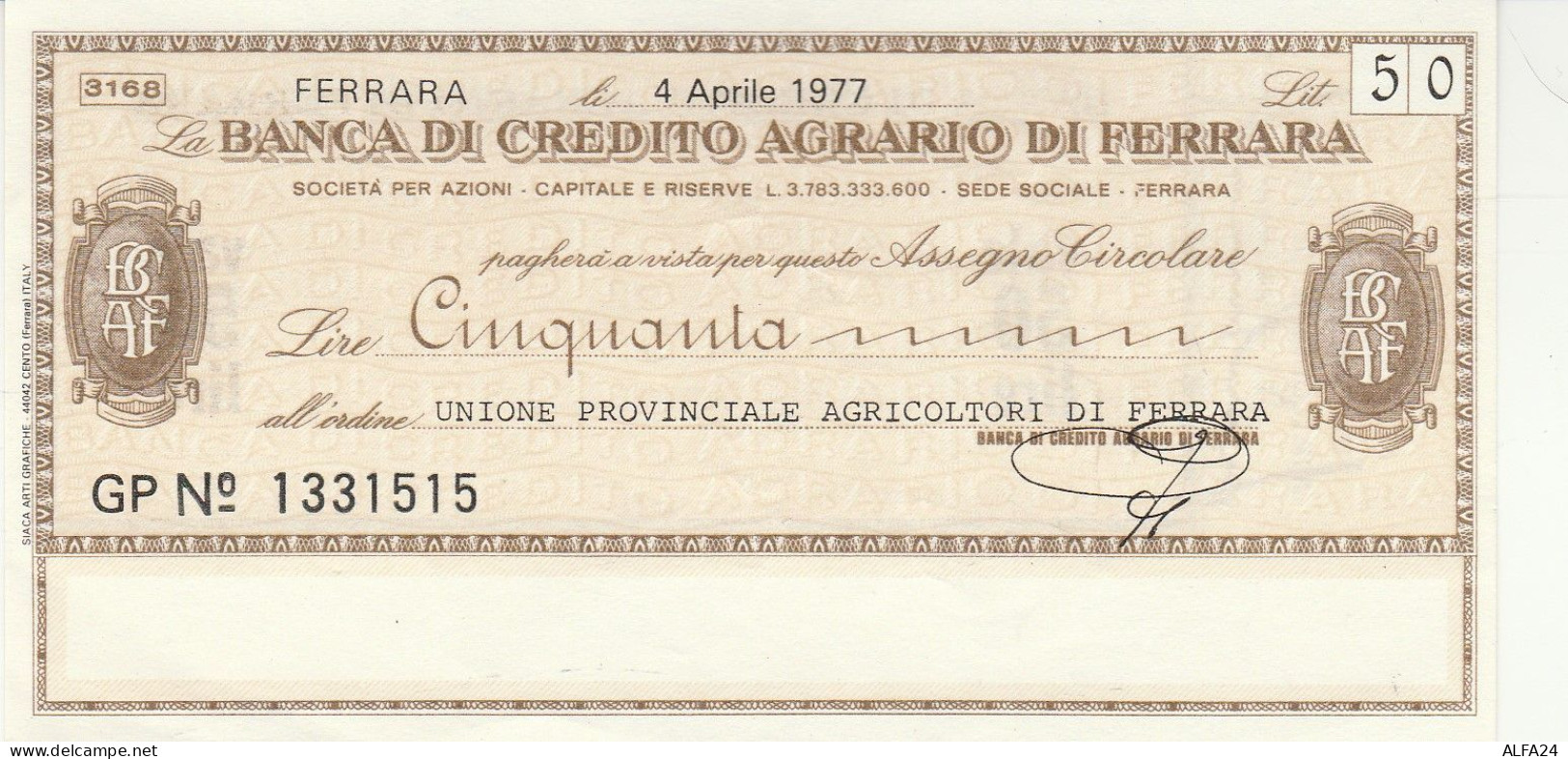 MINIASSEGNO BANCA CREDITO FE L.50 UN PROV AGR FE CIRCOLATO (RY5671 - [10] Assegni E Miniassegni