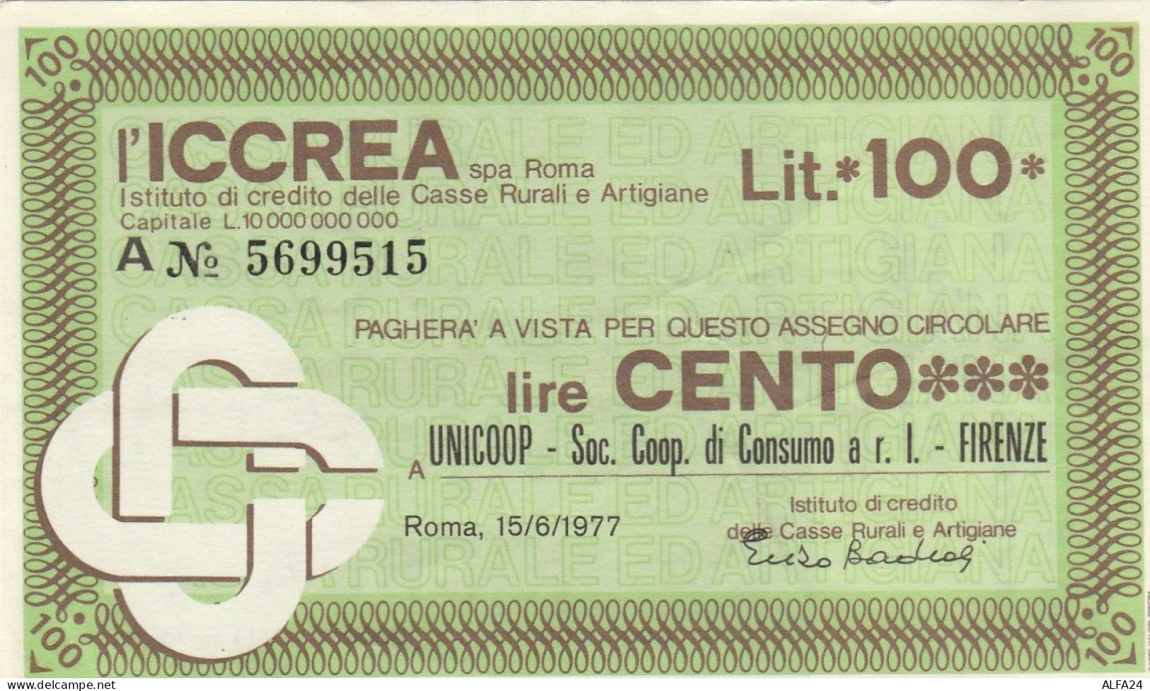 MINIASSEGNO ICCREA L.100 UNICOOP CIRCOLATO (RY5662 - [10] Cheques Y Mini-cheques