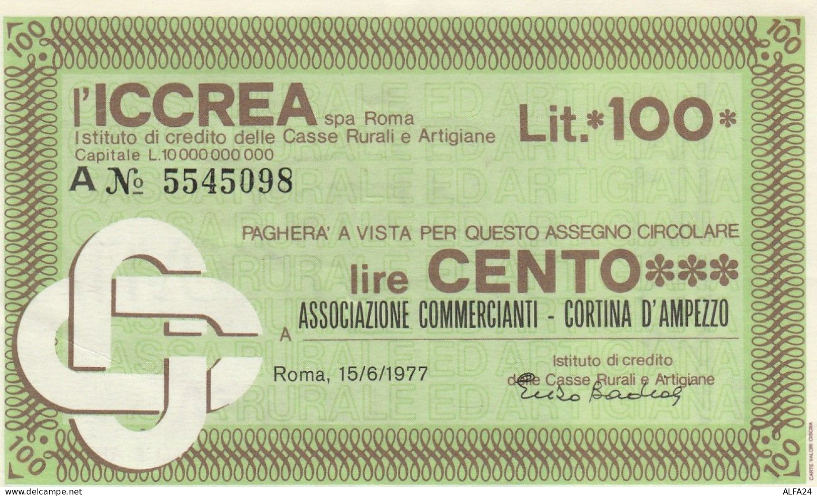 MINIASSEGNO ICCREA L.100 ASS COMM CORTINA CIRCOLATO (RY5660 - [10] Checks And Mini-checks