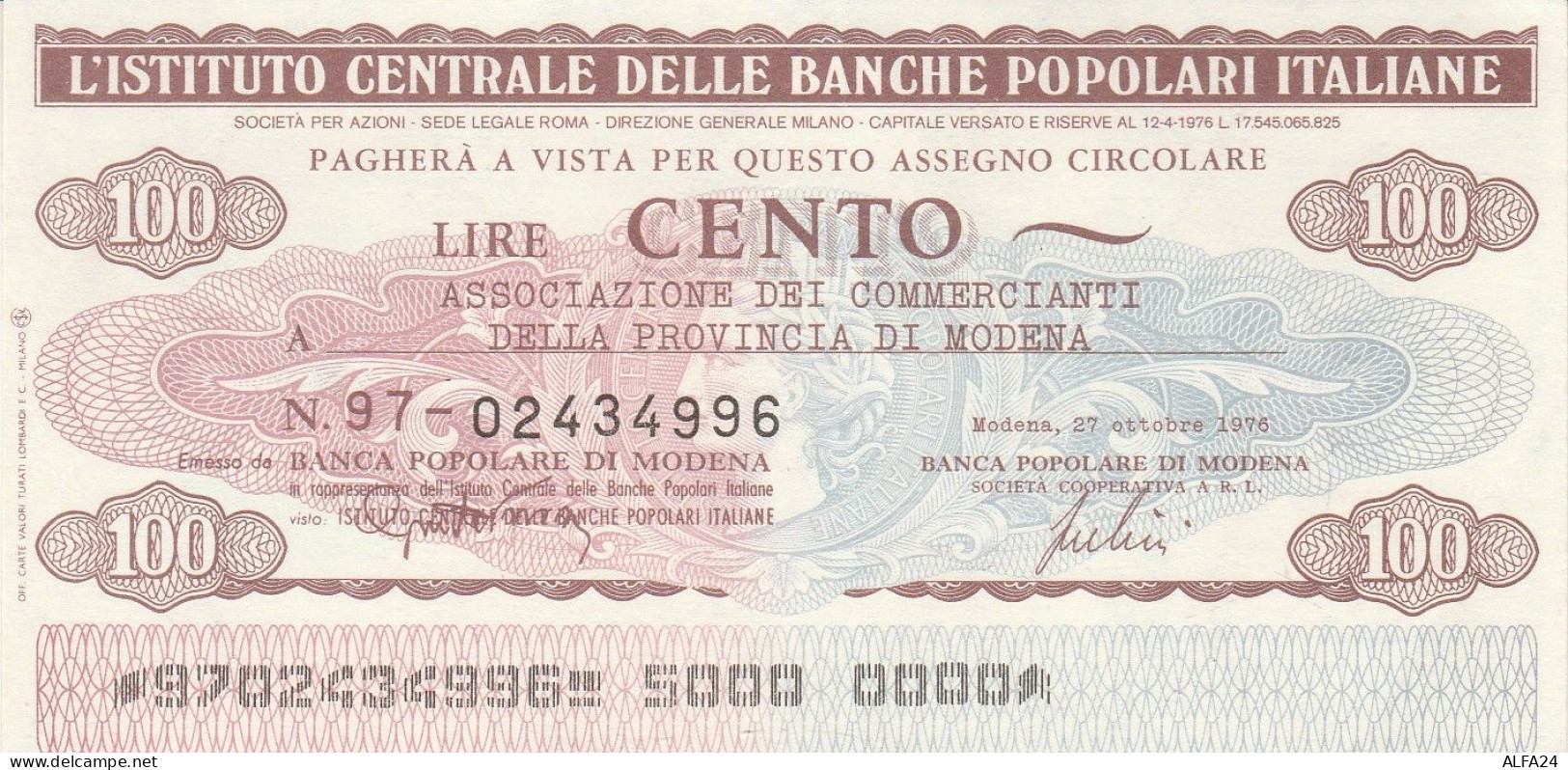 MINIASSEGNO ICBP L.100 ASS COMM MO CIRCOLATO (RY5659 - [10] Assegni E Miniassegni