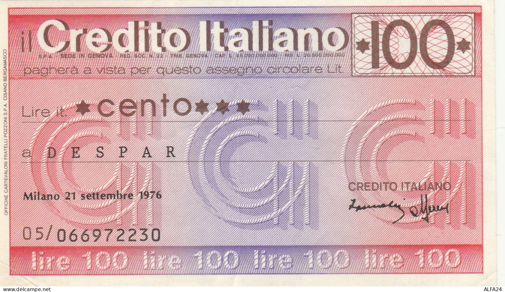 MINIASSEGNO CREDITO ITALIANO L.100 DESPAR CIRCOLATO (RY5649 - [10] Cheques Y Mini-cheques