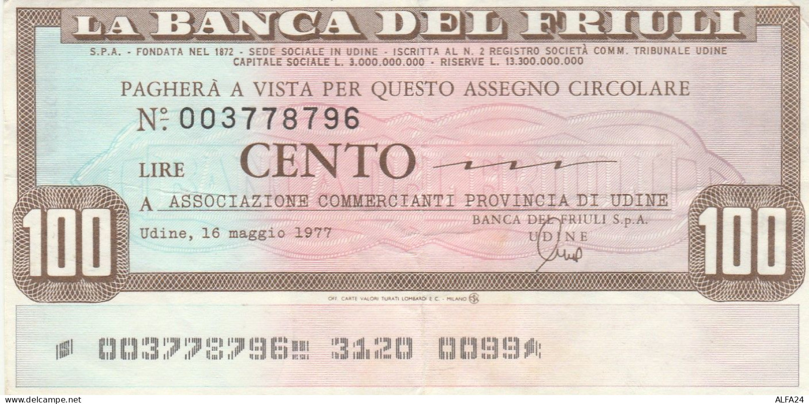 MINIASSEGNO BANCA FRIULI L.100 ASS COMM TS CIRCOLATO (RY5656 - [10] Chèques