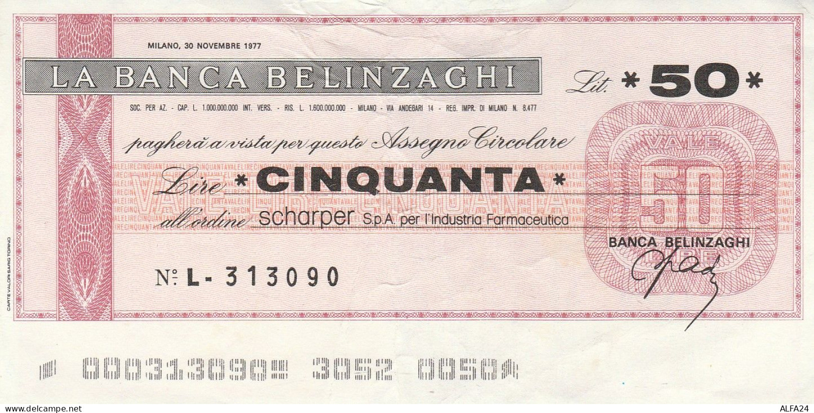 MINIASSEGNO BANCA BELLINZAGHI L.50 SHARPER CIRCOLATO (RY5651 - [10] Cheques Y Mini-cheques