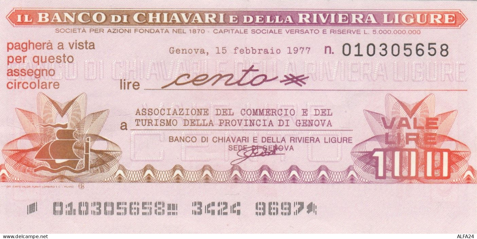 MINIASSEGNO B.CHIAVARI L.100 ASS COMM GE CIRCOLATO (RY5648 - [10] Cheques En Mini-cheques