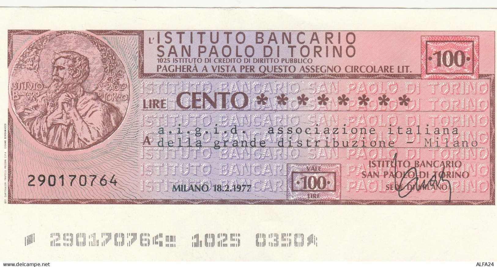 MINIASSEGNO IB SAN PAOLO TO L.100 AIGID CIRCOLATO (RY5653 - [10] Cheques Y Mini-cheques