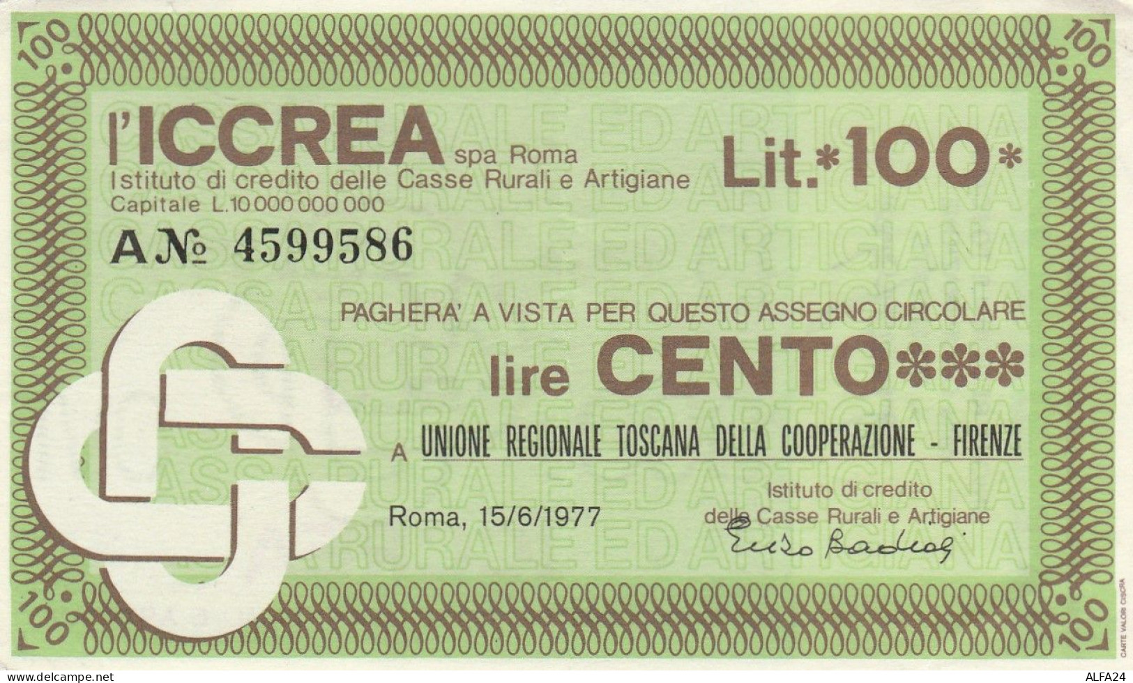 MINIASSEGNO ICCREA L.100 UN REG COOPERAZIONE CIRCOLATO (RY5650 - [10] Checks And Mini-checks