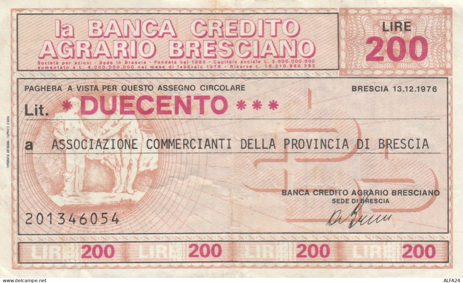 MINIASSEGNO BANCA CREDITO BS L.200 ASS COMM BS CIRCOLATO (RY5642 - [10] Scheck Und Mini-Scheck
