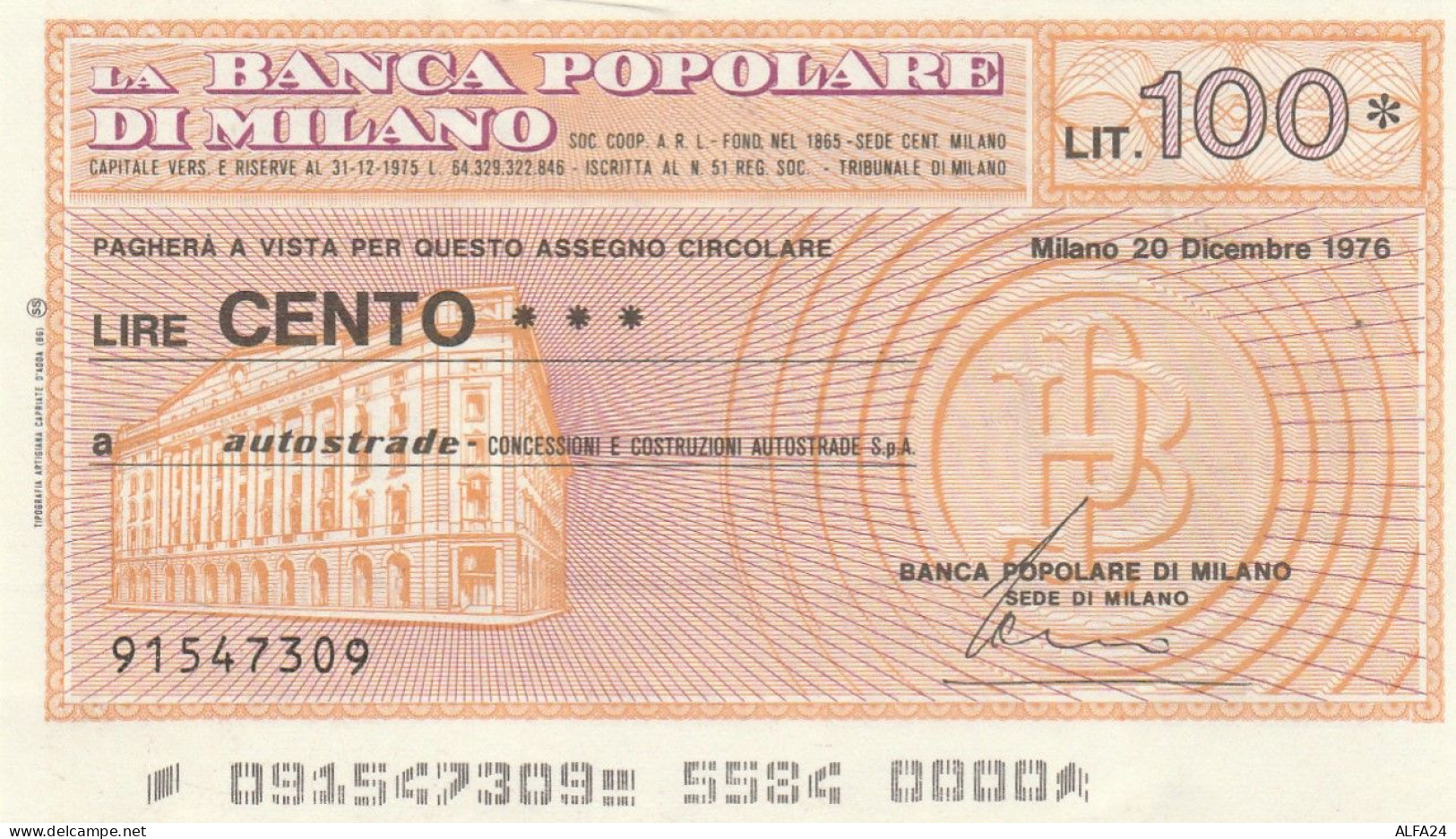 MINIASSEGNO B.POP MILANO L.100 AUTOSTRADE FDS (RY5632 - [10] Cheques En Mini-cheques