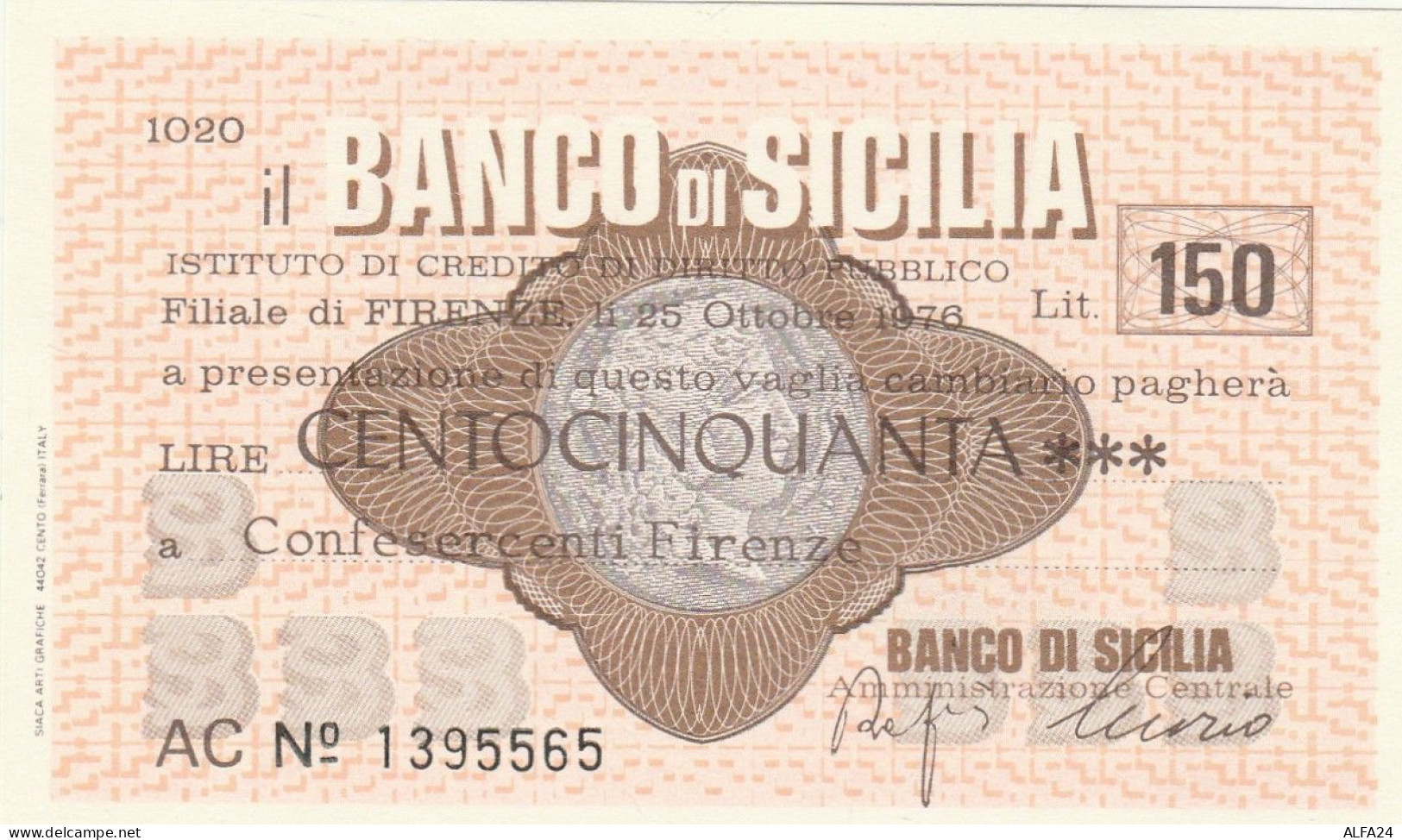 MINIASSEGNO BANCO SICILIA L.150 LA NAZIONE FDS (RY5620 - [10] Assegni E Miniassegni