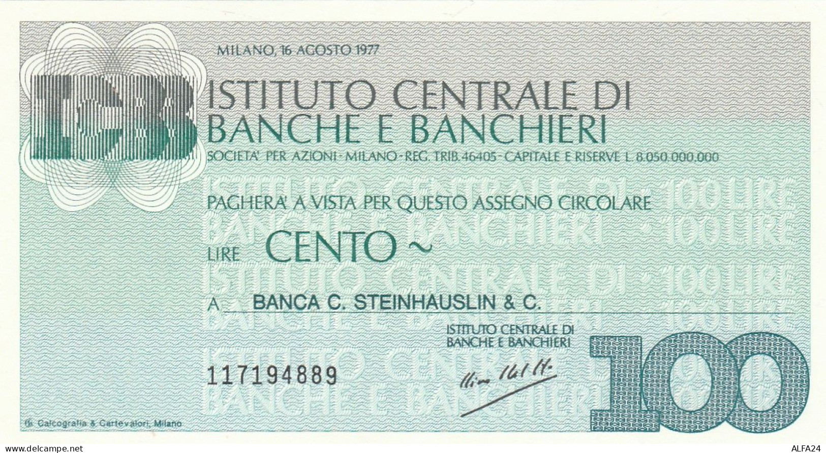 MINIASSEGNO ICBB L.100 STEINHASLIN FDS (RY5624 - [10] Cheques Y Mini-cheques