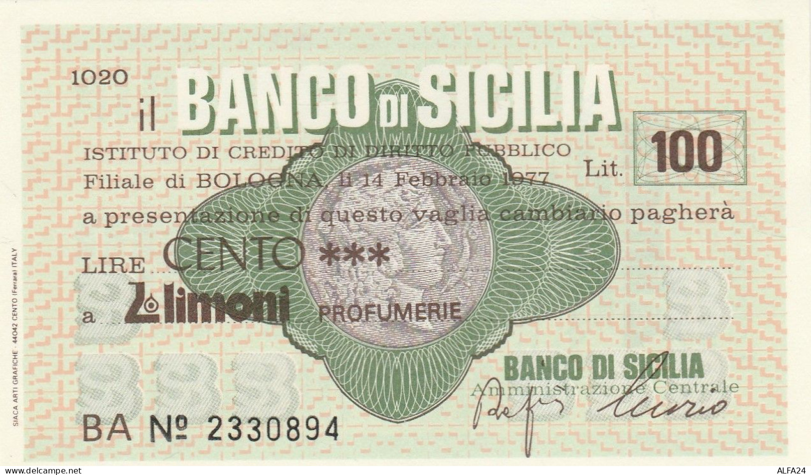 MINIASSEGNO BANCO SICILIA L.100 LIMONI FDS (RY5619 - [10] Scheck Und Mini-Scheck