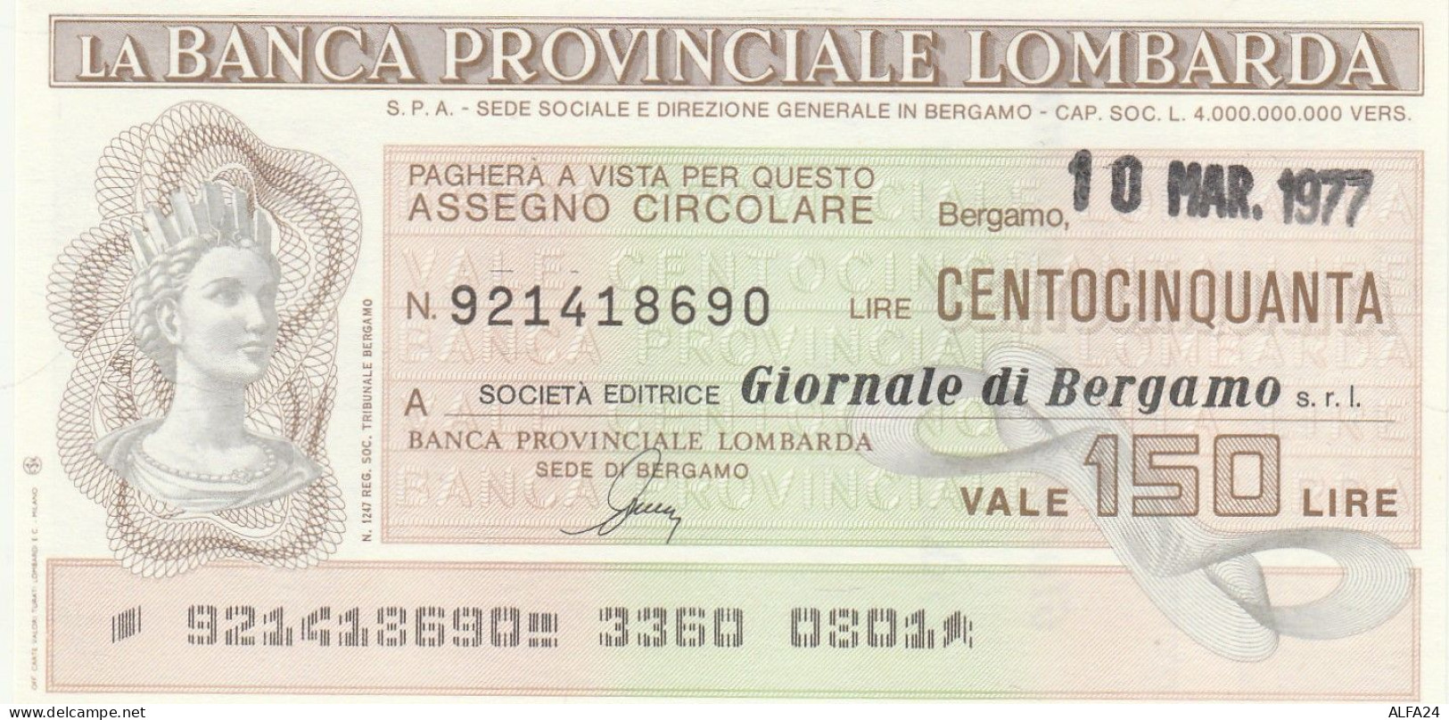 MINIASSEGNO B. PROV LOMBARDIA L.150 G.BERGAMO FDS (RY5623 - [10] Assegni E Miniassegni