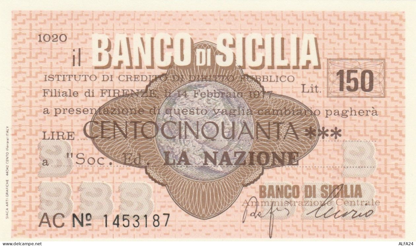 MINIASSEGNO BANCO SICILIA L.150 LA NAZIONE FDS (RY5617 - [10] Assegni E Miniassegni