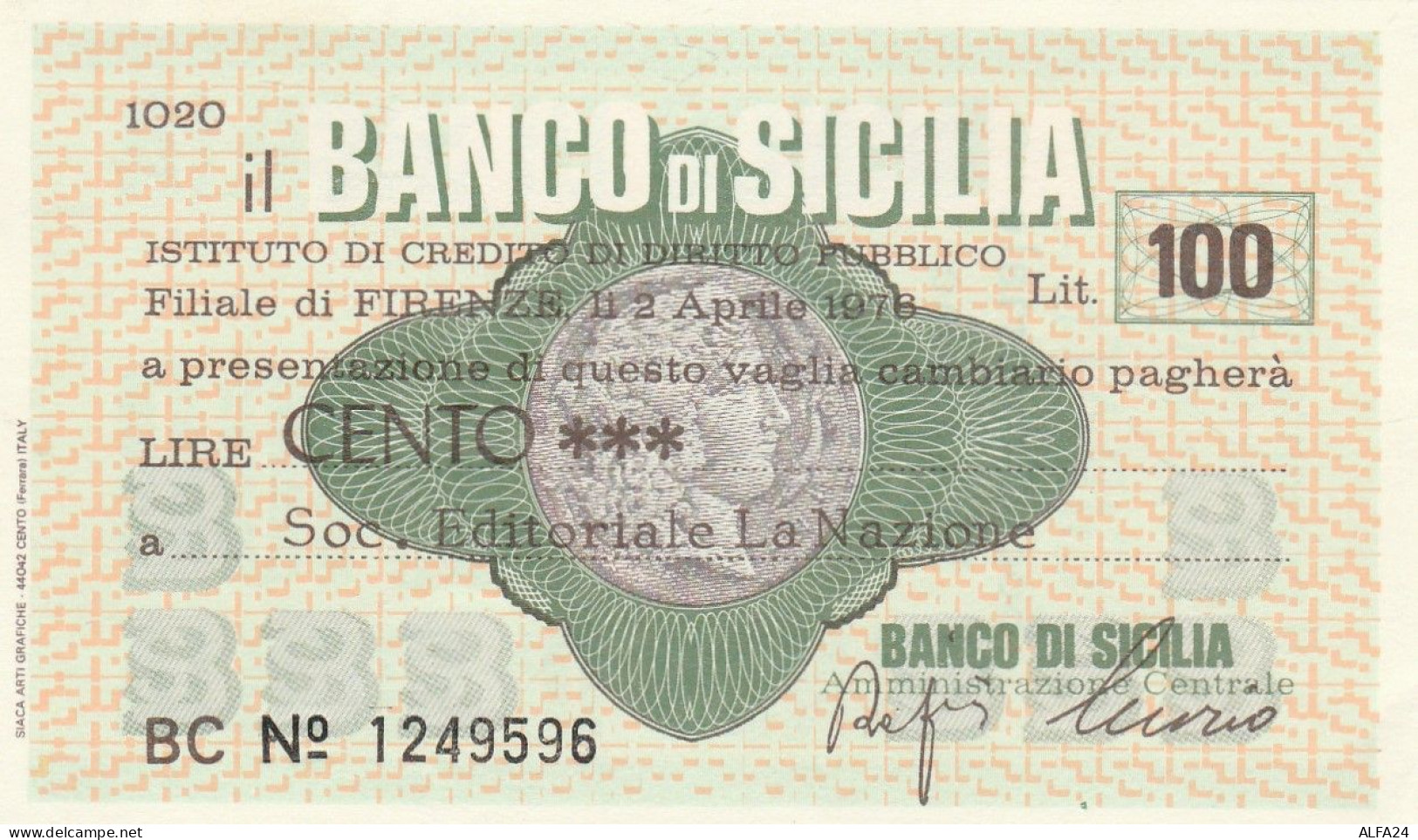 MINIASSEGNO BANCO SICILIA L.100 LA NAZIONE FDS (RY5616 - [10] Assegni E Miniassegni