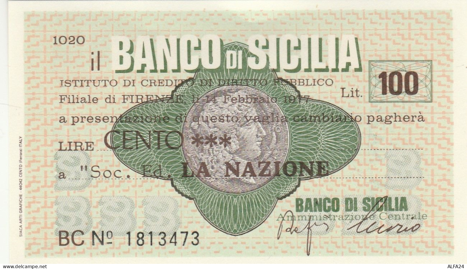 MINIASSEGNO BANCO SICILIA L.100 LA NAZIONE FDS (RY5618 - [10] Assegni E Miniassegni