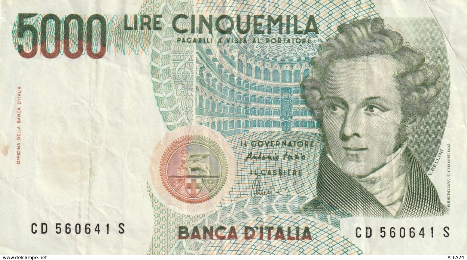 BANCONOTA ITALIA LIRE 5000 BELLINI VF (RY7672 - 5.000 Lire