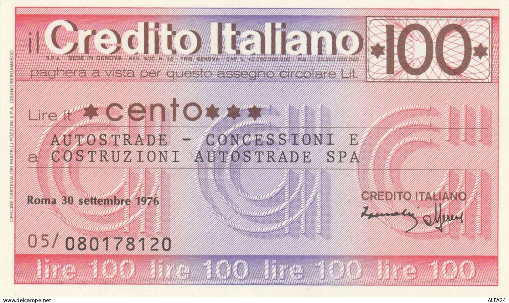 MINIASSEGNO CREDITO ITALIANO L.100 AUTOSTRADE FDS (RY5613 - [10] Checks And Mini-checks