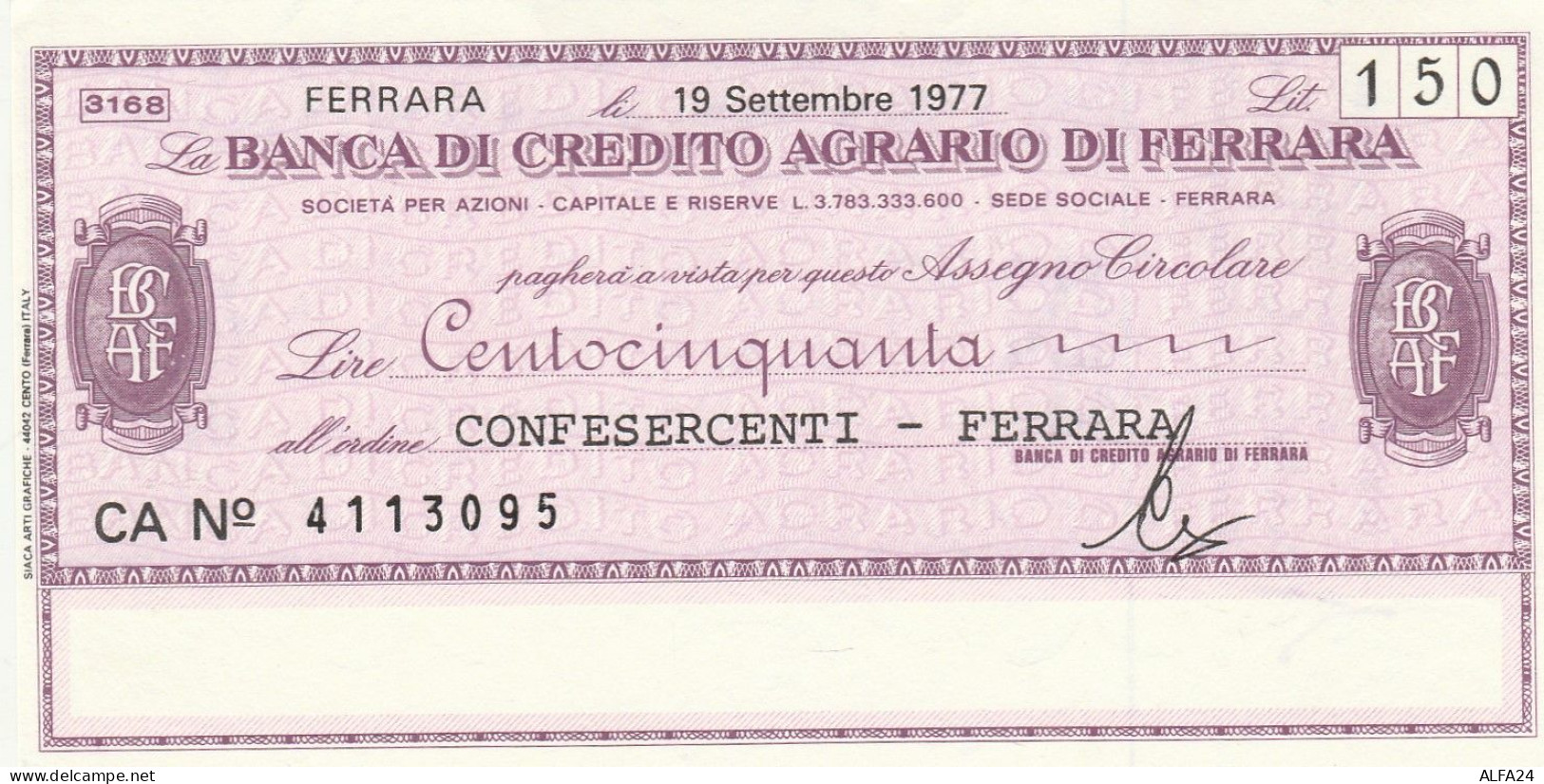 MINIASSEGNO B.CREDITO FE  L.150 CONFES FE FDS (RY5611 - [10] Assegni E Miniassegni