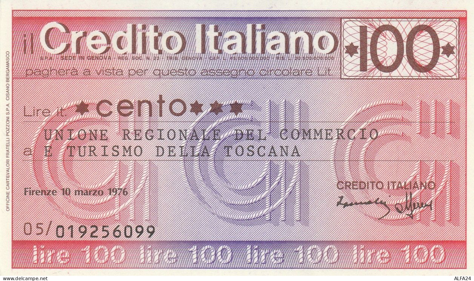 MINIASSEGNO CREDITO ITALIANO L.100 UN  COMM TURISMO FDS (RY5614 - [10] Checks And Mini-checks