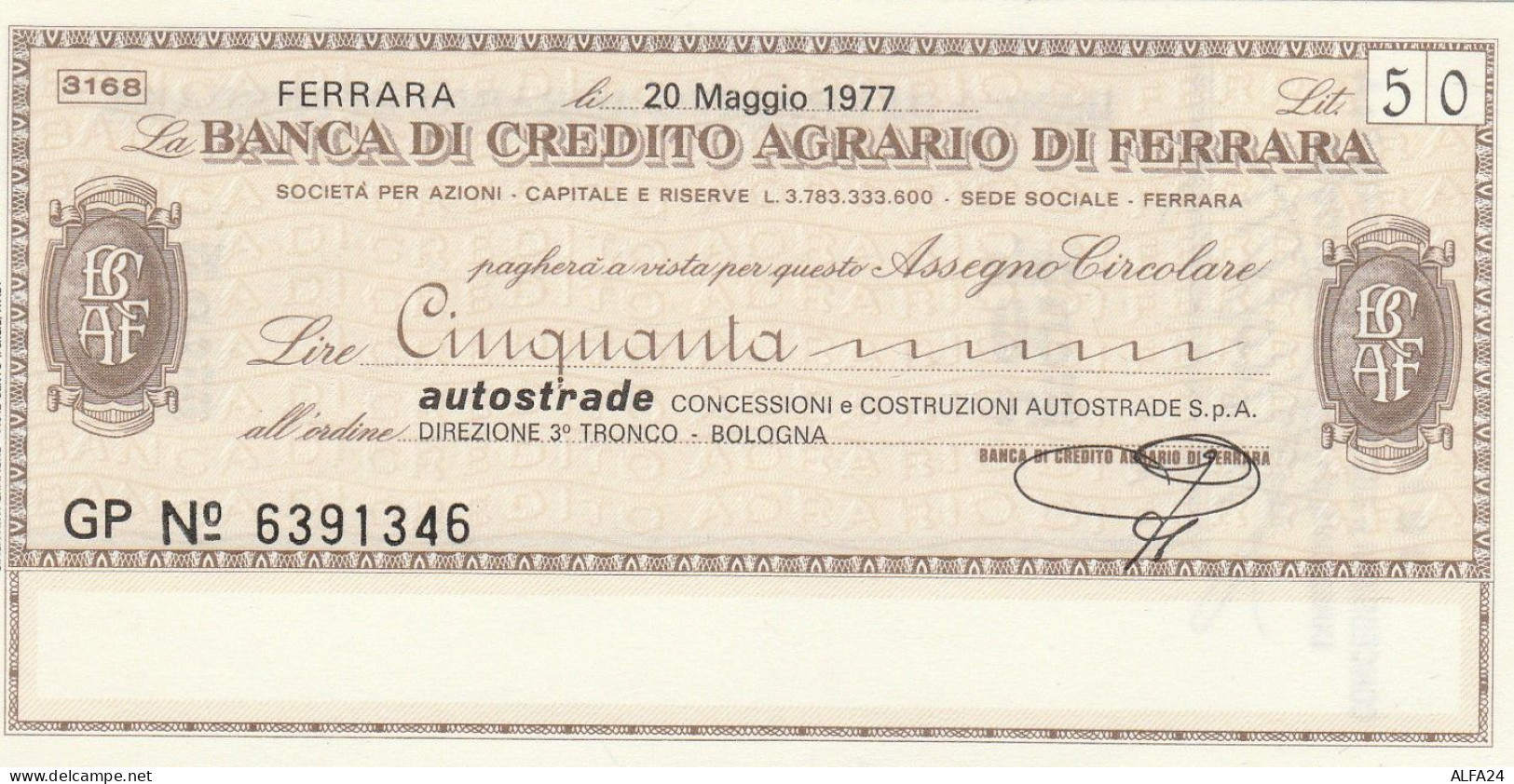 MINIASSEGNO B.CREDITO FE  L.50 AUTOSTRADE FDS (RY5612 - [10] Checks And Mini-checks