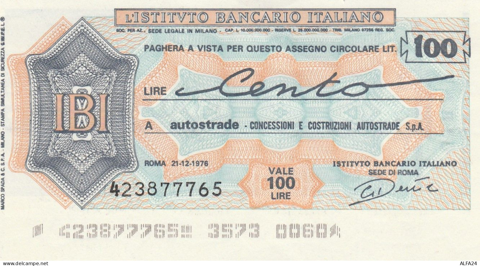 MINIASSEGNO IBI L.100 AUTOSTRADE FDS (RY5609 - [10] Cheques En Mini-cheques