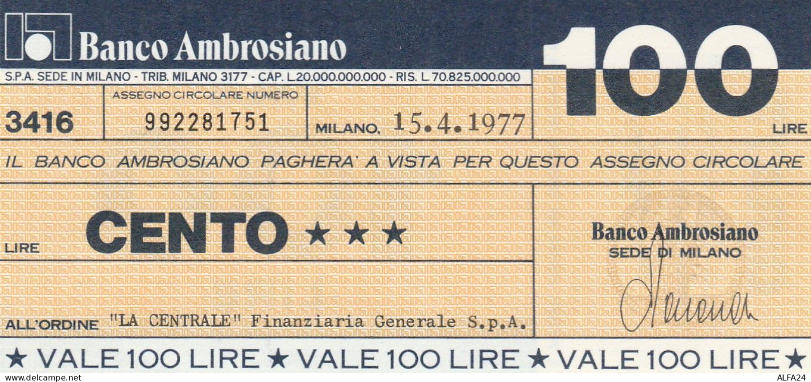 MINIASSEGNO BANCO AMBROSIANO L.100 LA CENTRALE FDS (RY5605 - [10] Assegni E Miniassegni