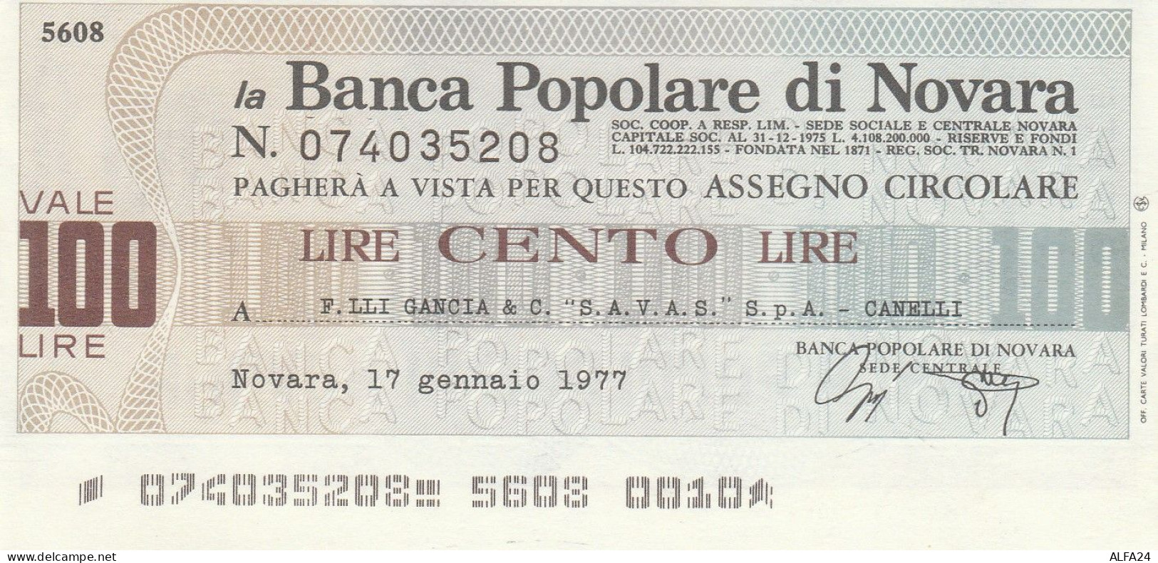 MINIASSEGNO BP NOVARA L.100 F.LLI GANCIA FDS (RY5602 - [10] Checks And Mini-checks