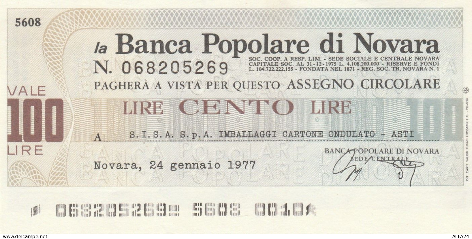 MINIASSEGNO BP NOVARA L.100 SISA FDS (RY5595 - [10] Cheques En Mini-cheques