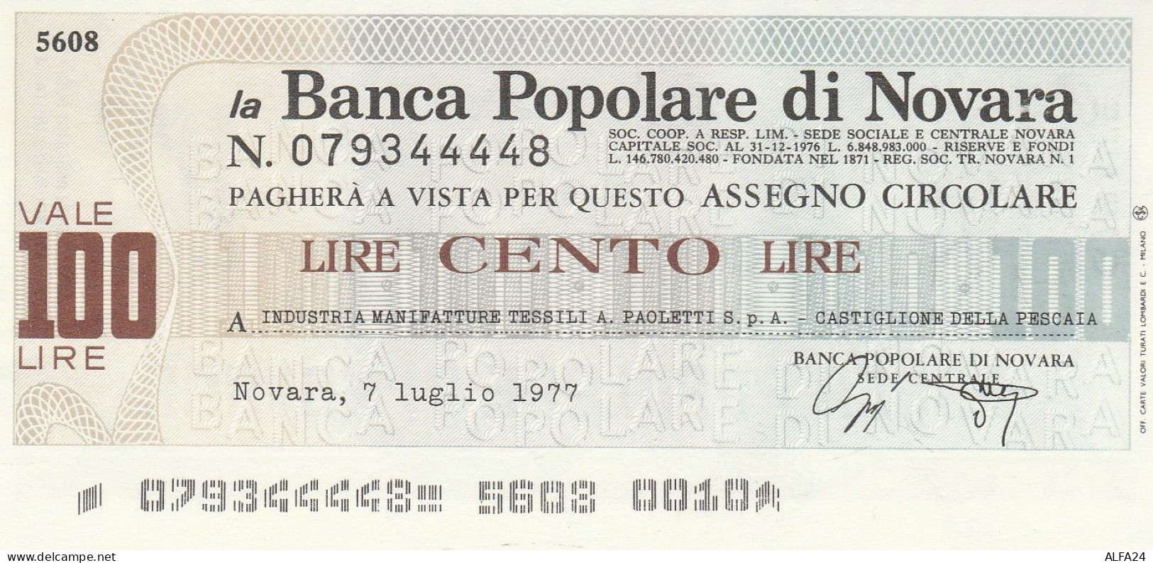 MINIASSEGNO BP NOVARA L.100 PAOLETTI FDS (RY5598 - [10] Cheques Y Mini-cheques