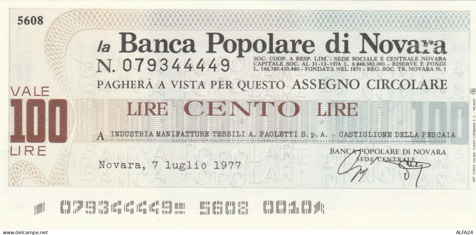 MINIASSEGNO BP NOVARA L.100 PAOLETTI FDS (RY5597 - [10] Cheques Y Mini-cheques