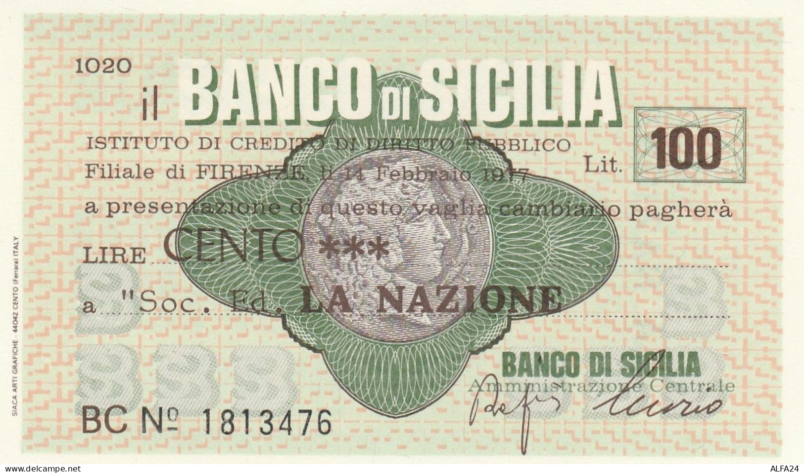 MINIASSEGNO BANCO SICILIA L.100 LA NAZIONE FDS (RY5588 - [10] Assegni E Miniassegni