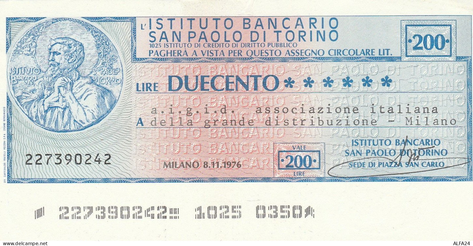 MINIASSEGNO I.B. SAN PAOLO L.200 AIGID FDS (RY5591 - [10] Cheques Y Mini-cheques