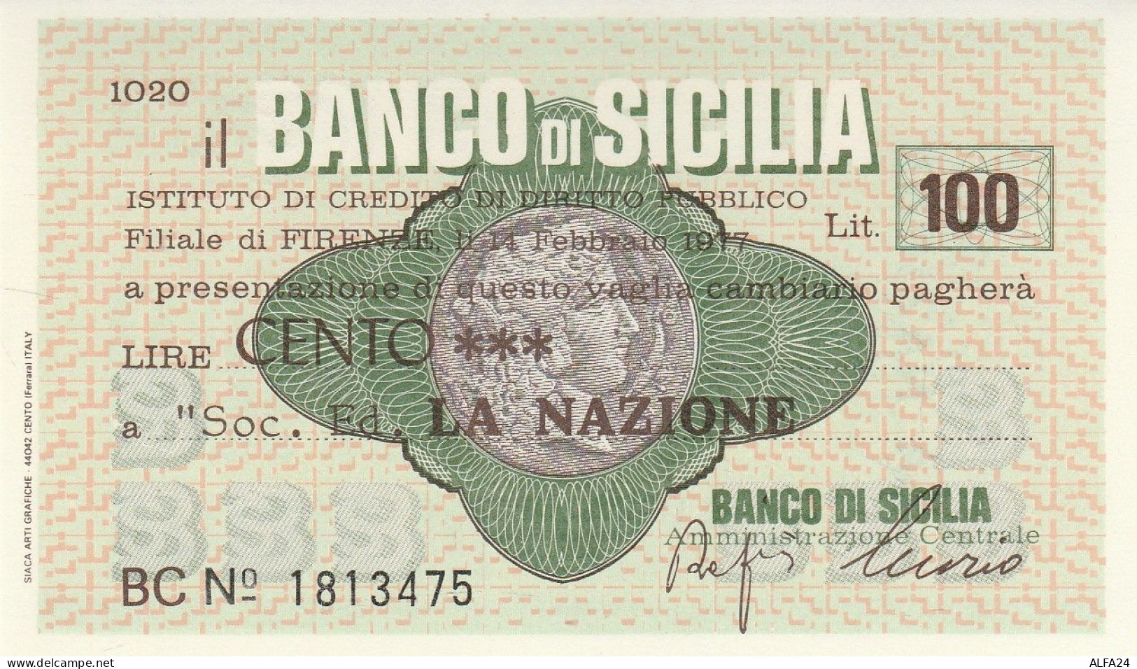 MINIASSEGNO BANCO SICILIA L.100 LA NAZIONE FDS (RY5590 - [10] Assegni E Miniassegni