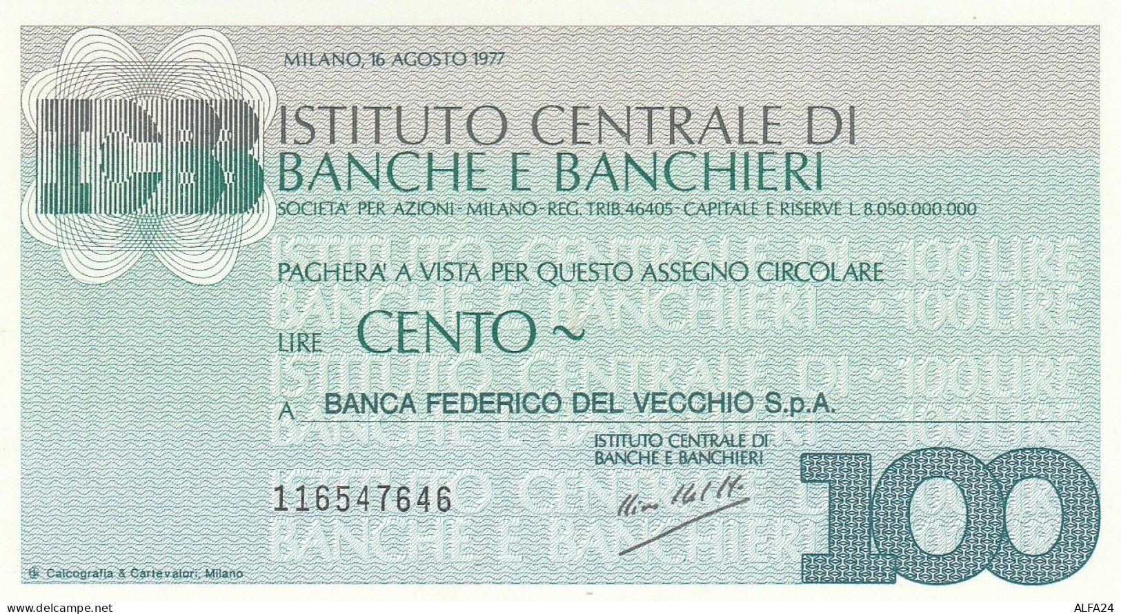 MINIASSEGNO ICBB L.100 BANCA DEL VECCHIO FDS (RY5582 - [10] Chèques