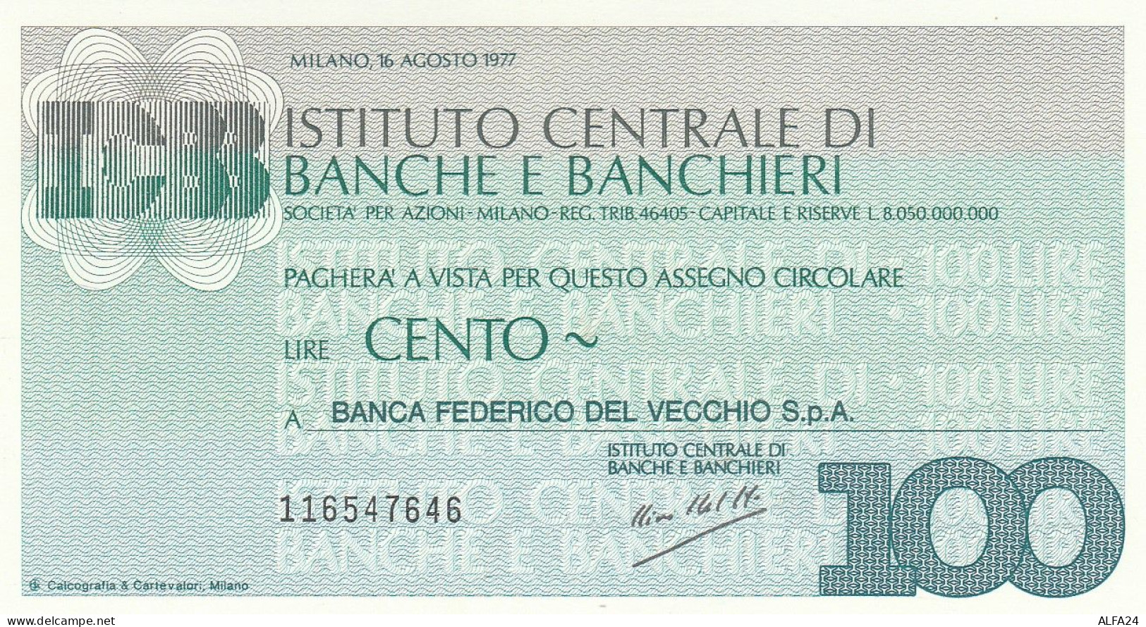 MINIASSEGNO ICBB L.100 BANCA DEL VECCHIO FDS (RY5582 - [10] Cheques Y Mini-cheques