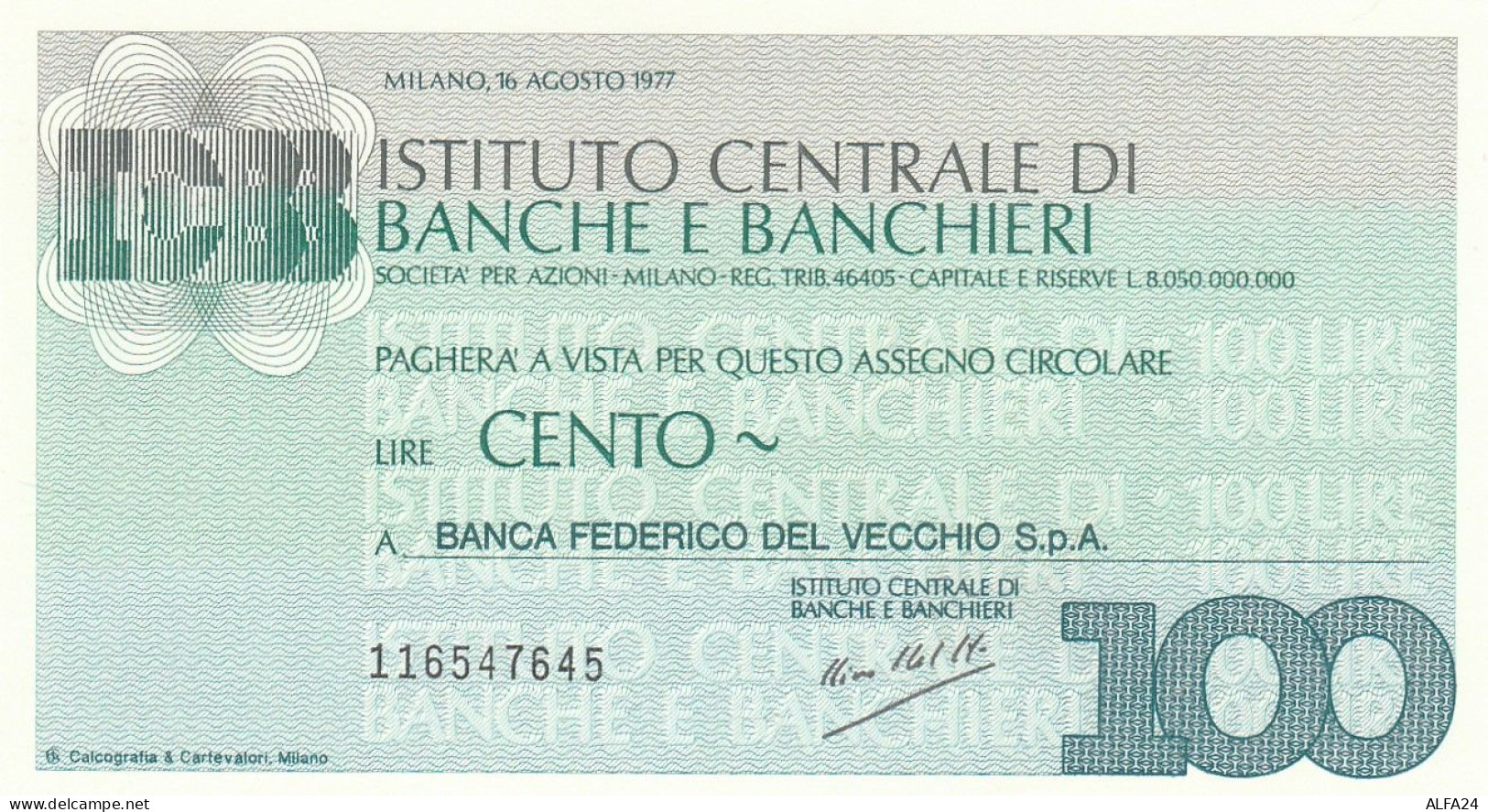 MINIASSEGNO ICBB L.100 BANCA DEL VECCHIO FDS (RY5583 - [10] Checks And Mini-checks