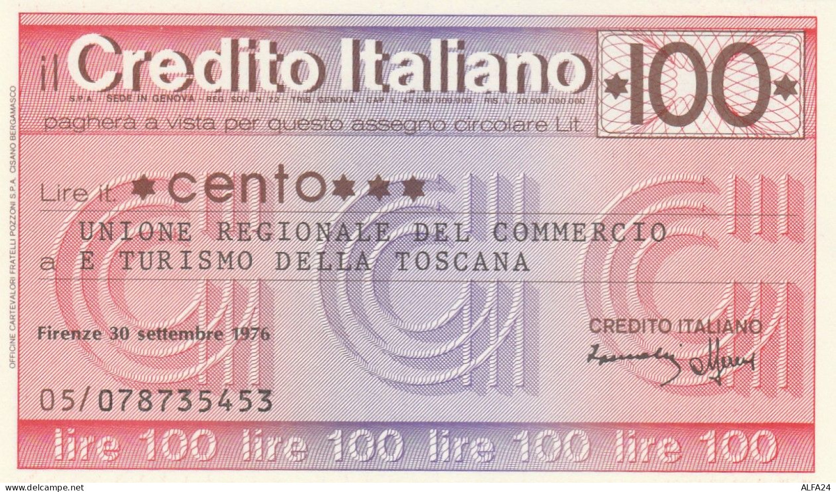 MINIASSEGNO CREDITO ITALIANO L.100 UN  COMM TURISMO FDS (RY5585 - [10] Checks And Mini-checks