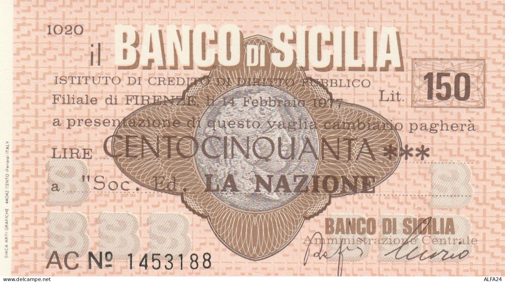 MINIASSEGNO BANCO SICILIA L.150 LA NAZIONE FDS (RY5580 - [10] Cheques Y Mini-cheques