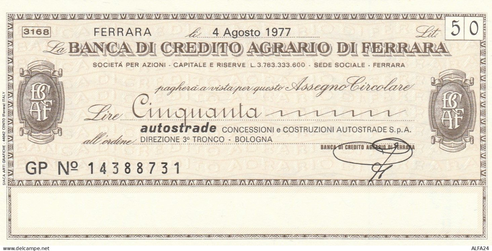 MINIASSEGNO B.CREDITO FE  L.50 AUTOSTRADE FDS (RY5576 - [10] Cheques Y Mini-cheques