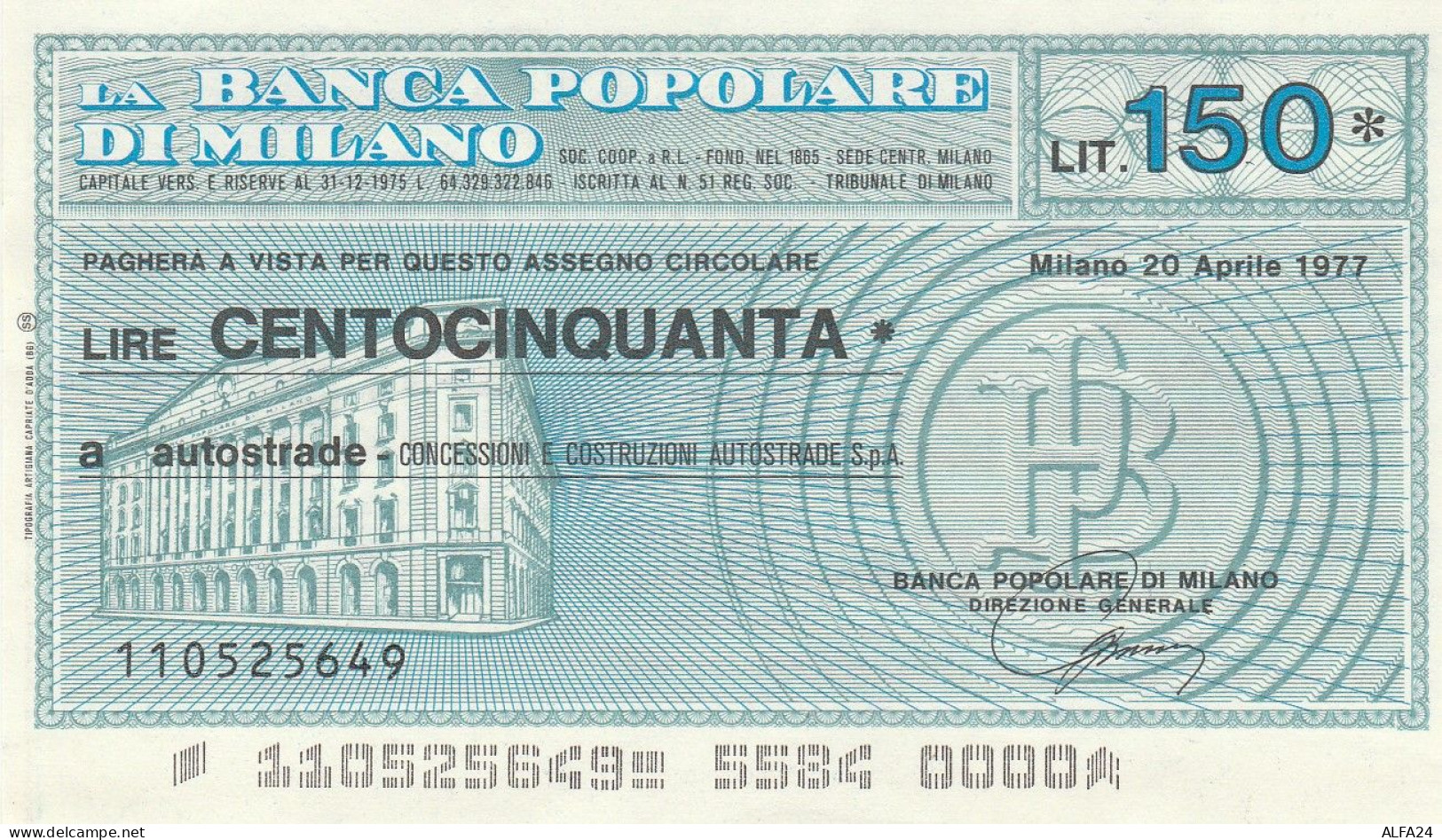 MINIASSEGNO B.POP MILANO L.150 AUTOSTRADE FDS (RY5581 - [10] Cheques Y Mini-cheques