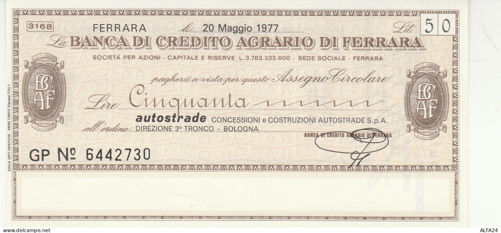 MINIASSEGNO B.CREDITO FE  L.50 AUTOSTRADE FDS (RY5578 - [10] Assegni E Miniassegni