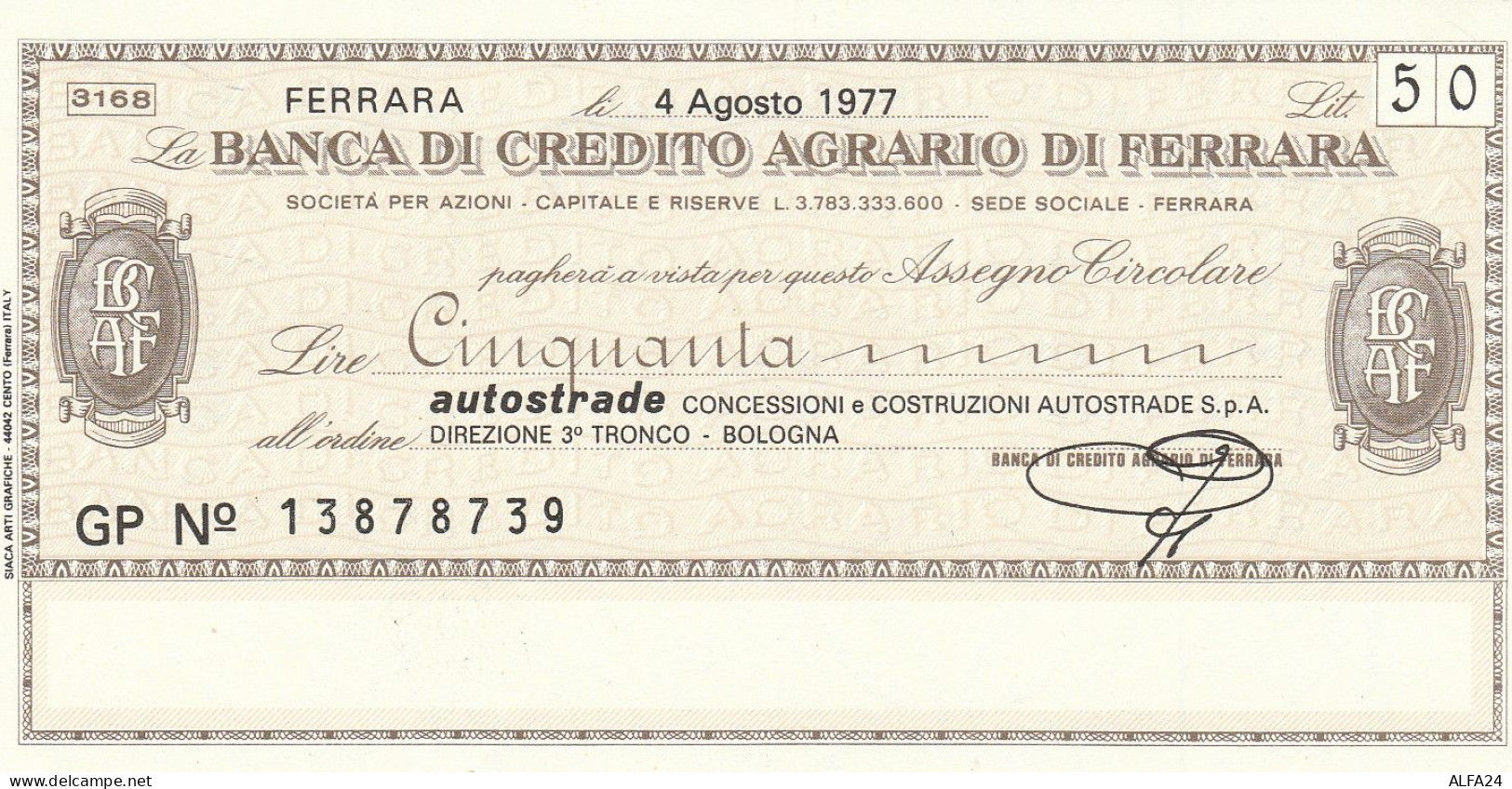 MINIASSEGNO B.CREDITO FE  L.50 AUTOSTRADE FDS (RY5577 - [10] Cheques Y Mini-cheques