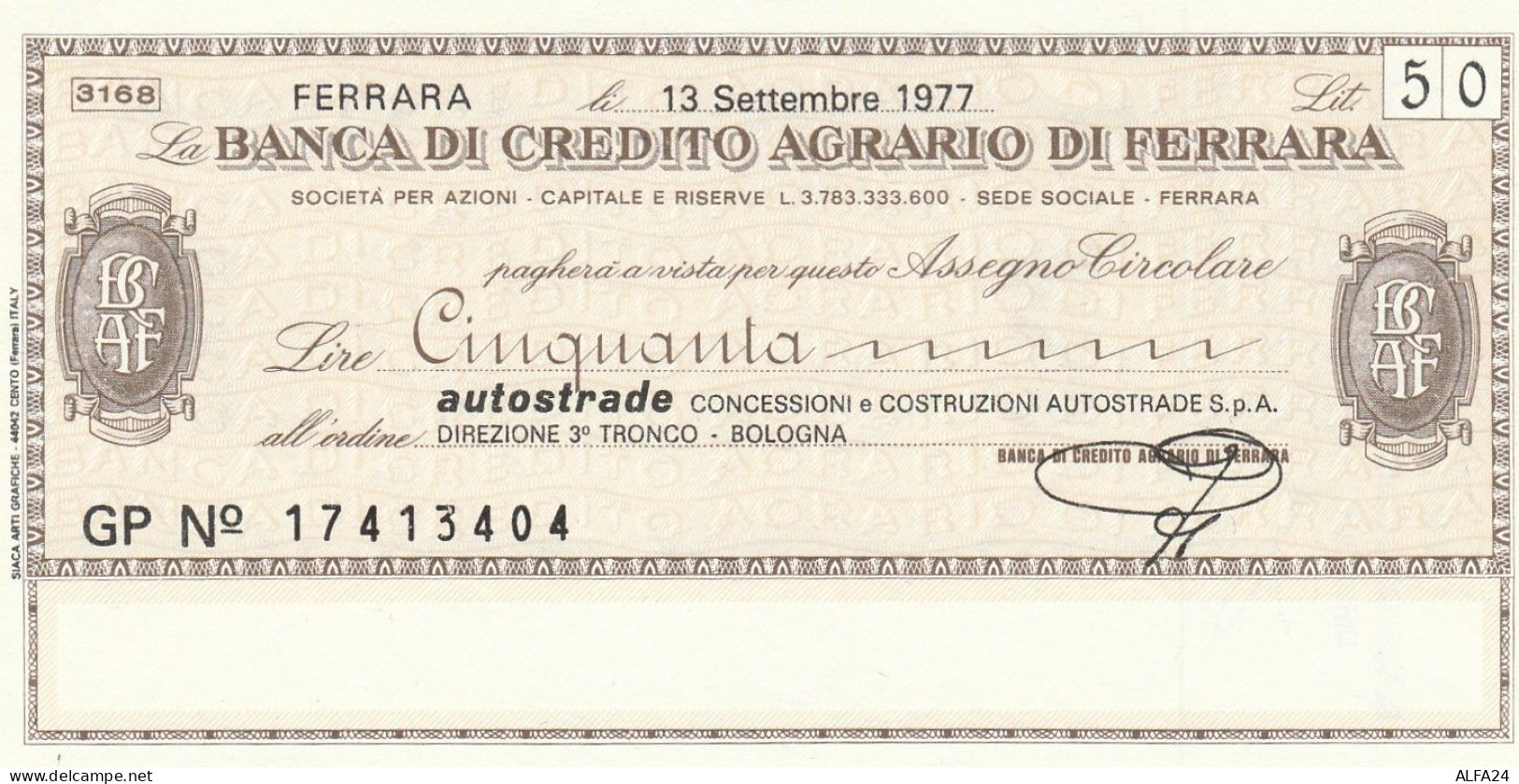 MINIASSEGNO B.CREDITO FE  L.50 AUTOSTRADE FDS (RY5571 - [10] Assegni E Miniassegni