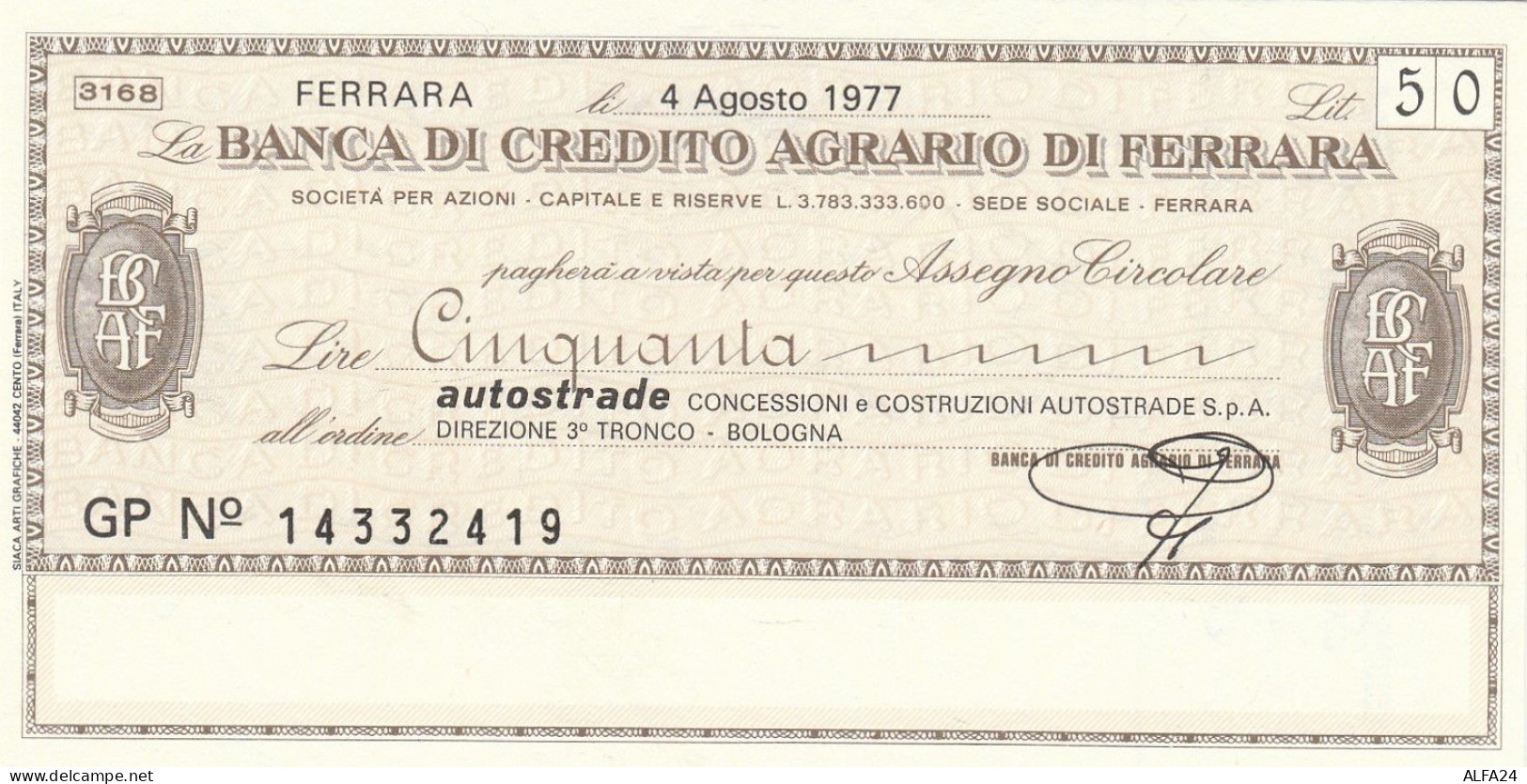 MINIASSEGNO B.CREDITO FE  L.50 AUTOSTRADE FDS (RY5575 - [10] Cheques Y Mini-cheques