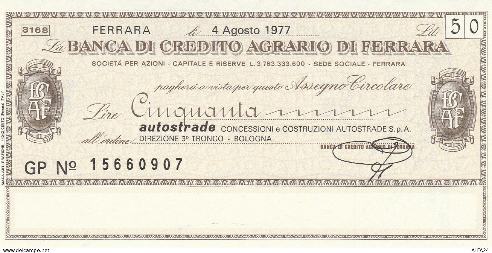 MINIASSEGNO B.CREDITO FE  L.50 AUTOSTRADE FDS (RY5574 - [10] Cheques Y Mini-cheques