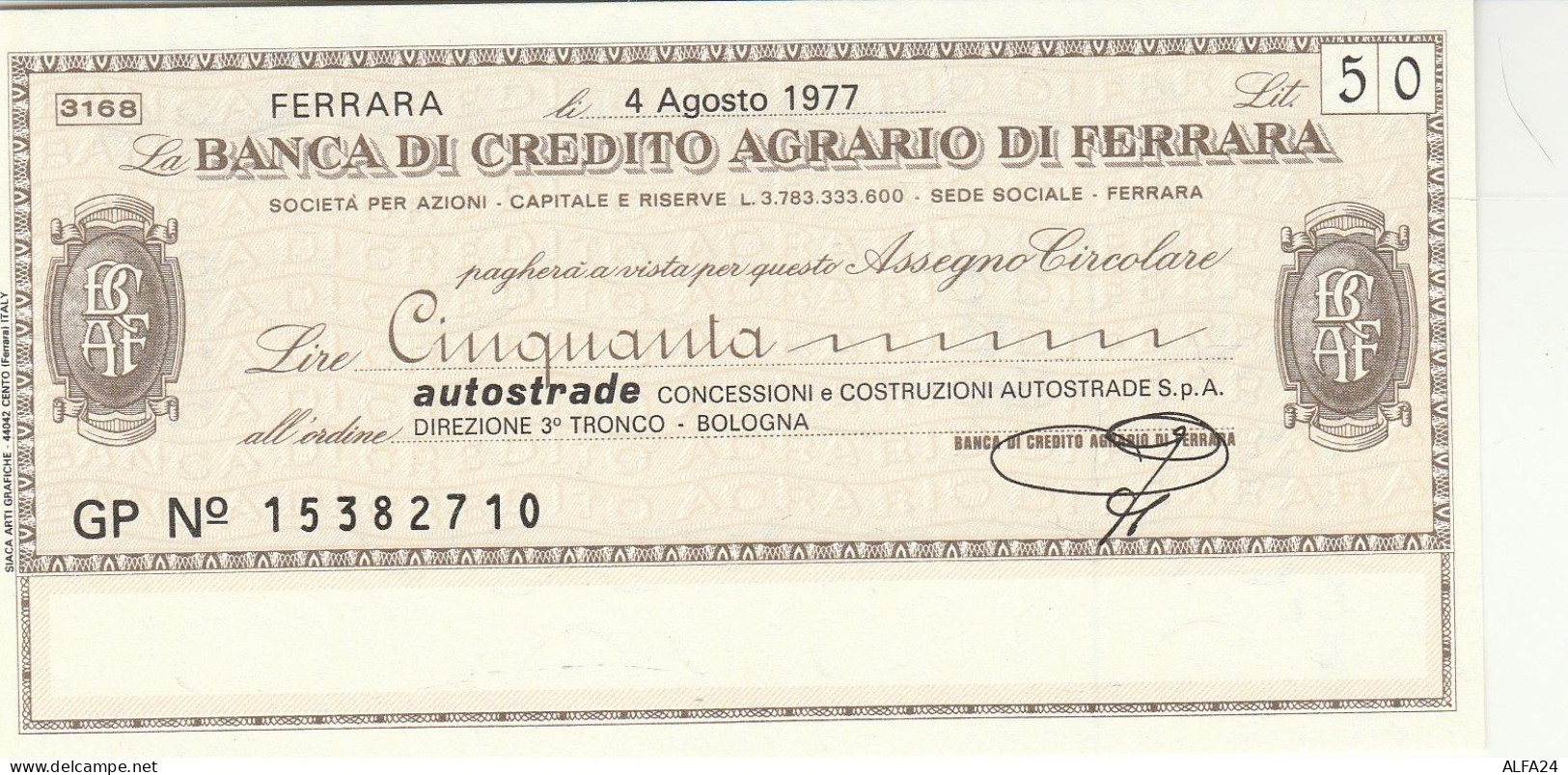 MINIASSEGNO B.CREDITO FE  L.50 AUTOSTRADE FDS (RY5570 - [10] Cheques Y Mini-cheques