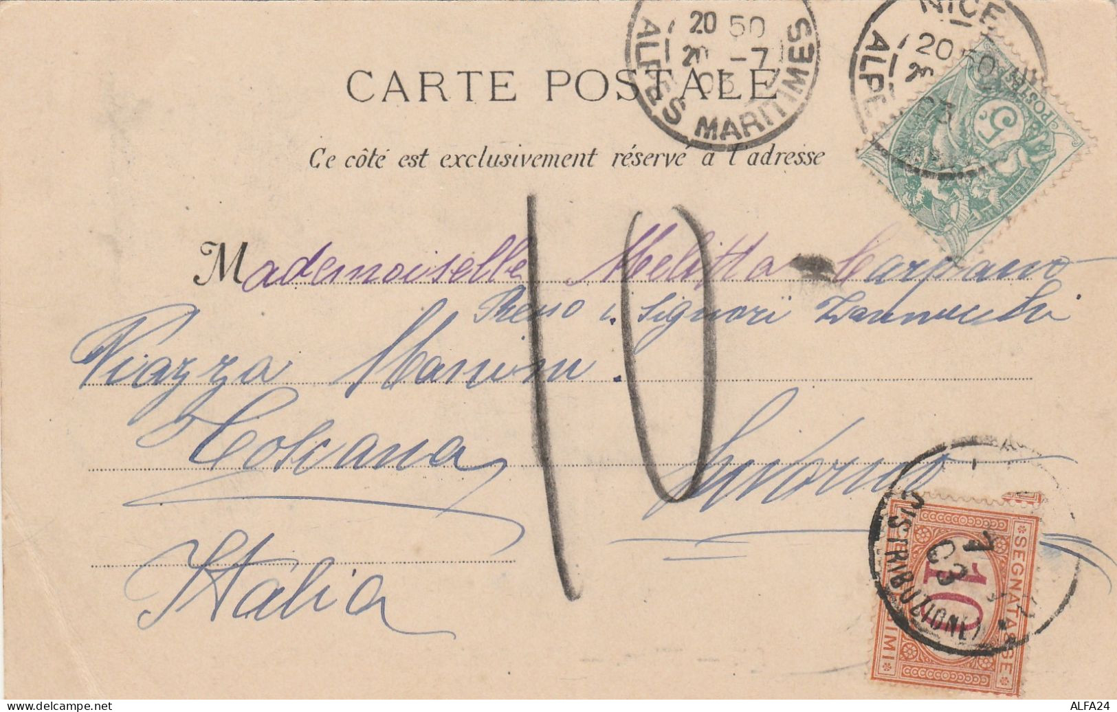 CARTOLINA POSTALE DA FRANCIA CON SEGNATASSE C.10 TIMBRO NICE 1903 (RY5239 - Taxe