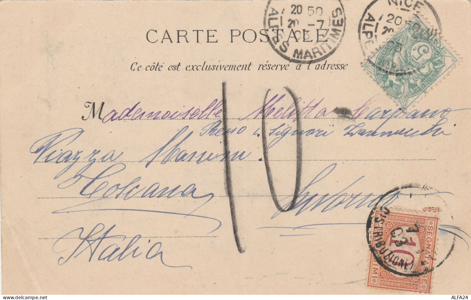 CARTOLINA POSTALE DA FRANCIA CON SEGNATASSE C.10 TIMBRO NICE 1903 (RY5239 - Segnatasse